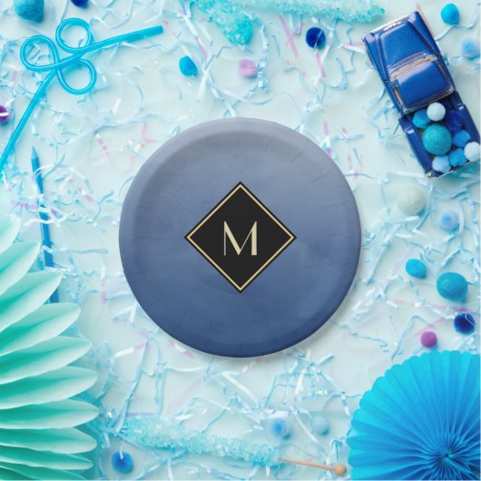 ブラッエレガントシュブルーとモノグラムシンプル金ゴールド ペーパープレート (パーティー)