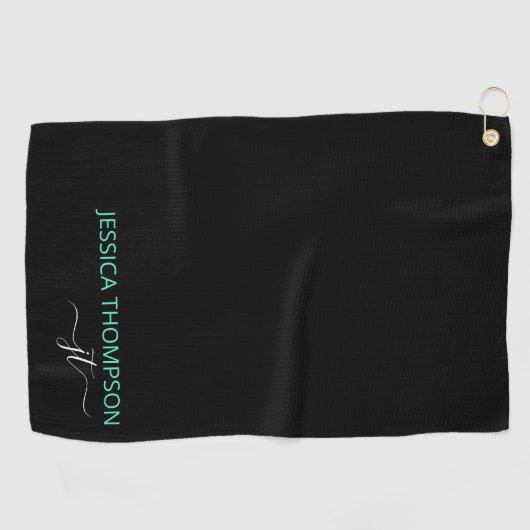 ブラッカスタマイズクティール（緑がかった色）エレガント・モモダンノグラム名 ゴルフタオル (横)