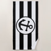 ブラックいかりデザイン ストライプの ビーチタオル (正面)