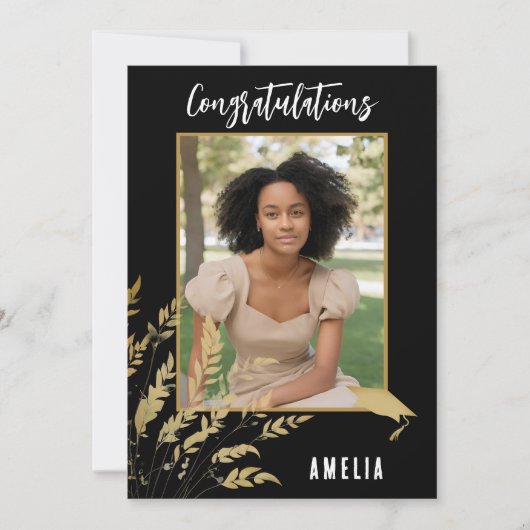 ブラックおめでとうございます金ゴールドの葉の大学院写真 カード (正面)
