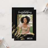 ブラックおめでとうございます金ゴールドの葉の大学院写真 カード (正面/裏面インサイチュ)