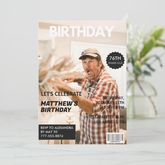 ブラックおもしろいマガジン表紙の写真76歳の誕生日 招待状 (スタンド正面)
