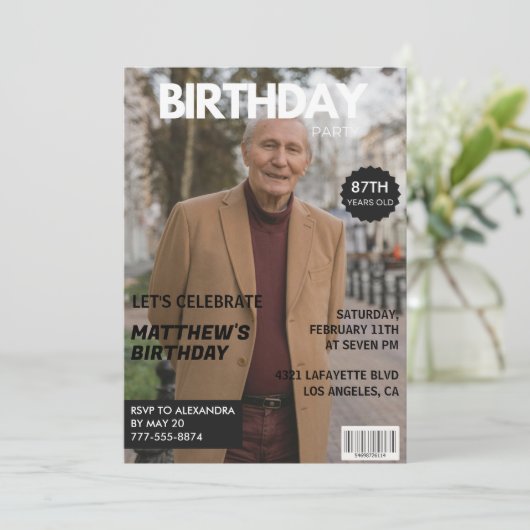 ブラックおもしろいマガジン表紙の写真87歳の誕生日 招待状 (スタンド正面)
