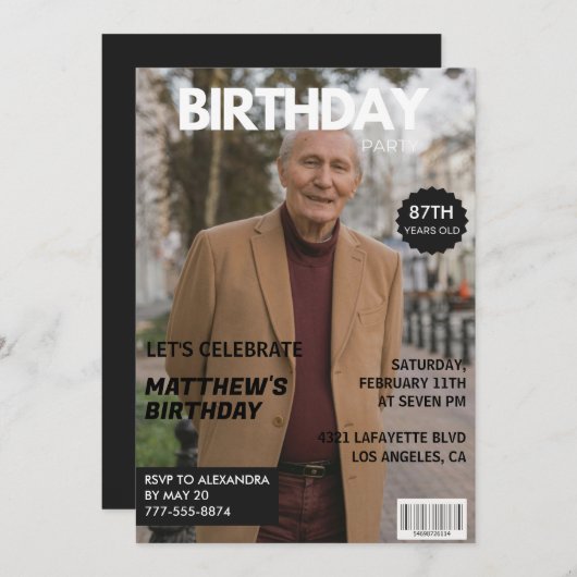 ブラックおもしろいマガジン表紙の写真87歳の誕生日 招待状 (正面/裏面)