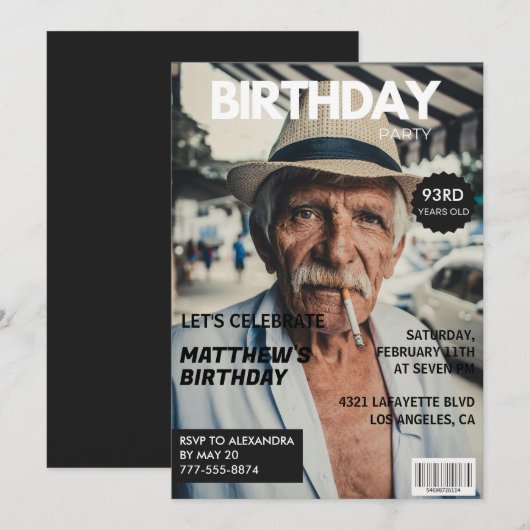 ブラックおもしろいマガジン表紙93歳の誕生日 招待状 (正面/裏面)