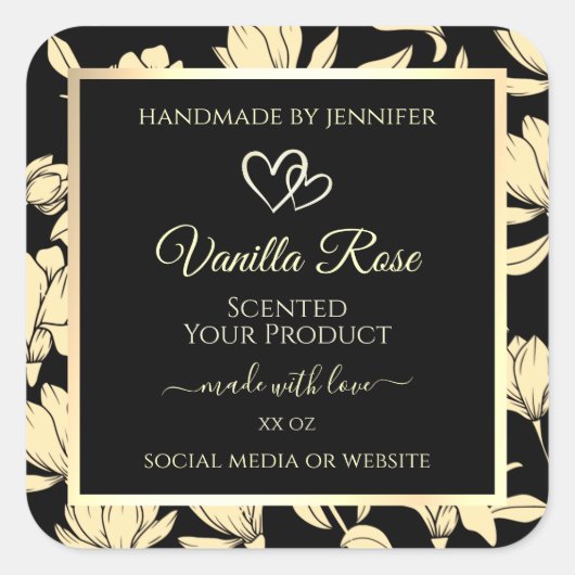 ブラックおよびイエローのフローラ製品の包装ラベル スクエアシール (正面)