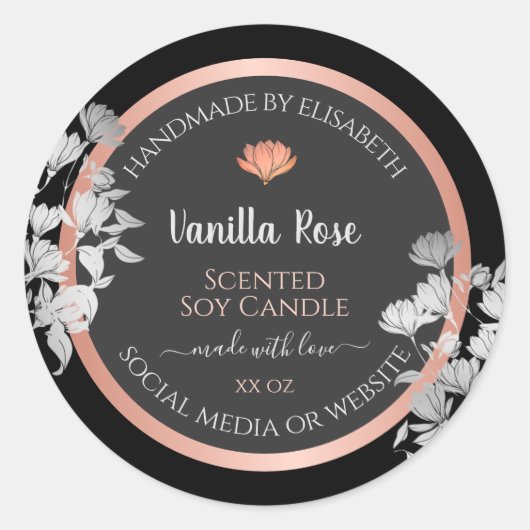 ブラックおよびグレーのフローラ製品のパッケージラベル ラウンドシール (正面)