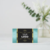 ブラックおよびティール(緑がかった色)グリッターの金ゴールド縁どデコール(ロゴ付き) 名刺 (スタンド正面)