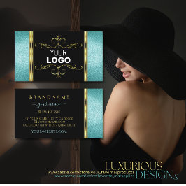 ブラックおよびティール（緑がかった色）グリッターの金ゴールド縁どデコール（ロゴ付き） 名刺