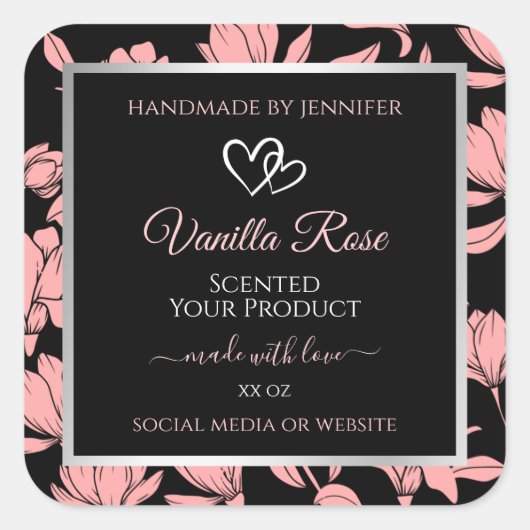 ブラックおよびピンクのフローラ製品の包装ラベル スクエアシール (正面)