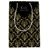 ブラックおよびフェイク金ゴールドグリッターフローラダマスク ミディアムペーパーバッグ (正面)