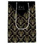 ブラックおよびフェイク金ゴールドグリッターフローラダマスク ミディアムペーパーバッグ (裏面)