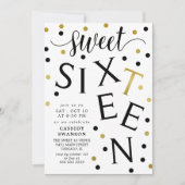 ブラックおよびフェイク金ゴールドタイポグラフィSweet sixteen 招待状 (正面)