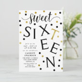 ブラックおよびフェイク金ゴールドタイポグラフィSweet sixteen 招待状 (スタンド正面)