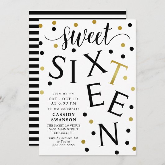 ブラックおよびフェイク金ゴールドタイポグラフィSweet sixteen 招待状 (正面/裏面)