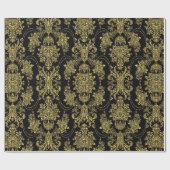 ブラックおよびメタリック金ゴールドフローラダマスパターン ラッピングペーパー (フラット)