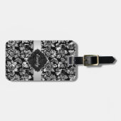 ブラックおよびメタリック銀ヴィンテージフローラダマスク ラゲッジタグ (正面横)