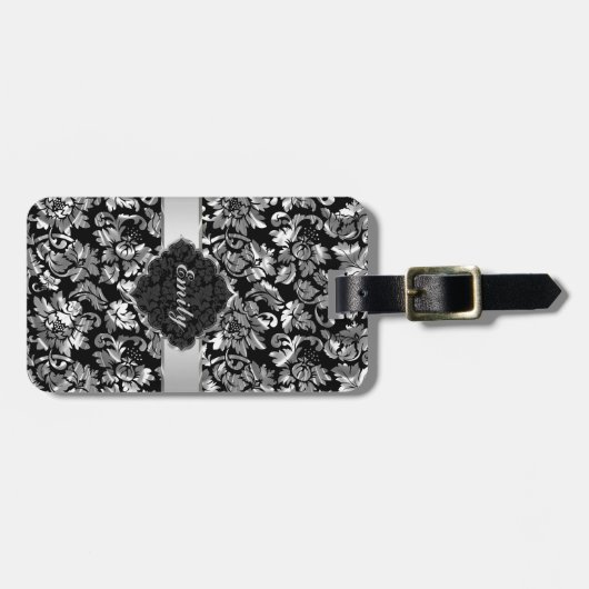 ブラックおよびメタリック銀ヴィンテージフローラダマスク ラゲッジタグ (正面横)