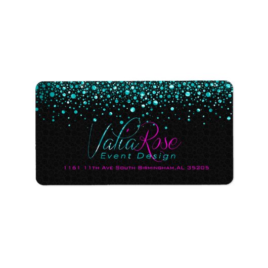 ブラックおよびメタルティール（緑がかった色）ランダム円デザイン ラベル (正面)