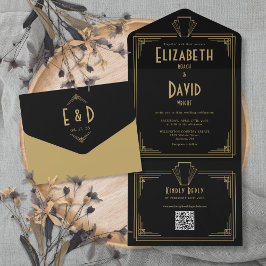 ブラックおよび金ゴールドアールデコモノグラムQRコード結婚ズ オールインワン招待状