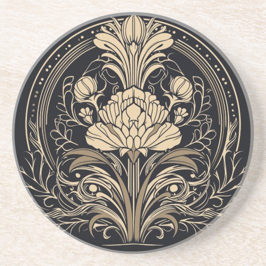 ブラックおよび金ゴールドエレガントフローラアールデコ コースター (正面)
