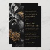 ブラックおよび金ゴールドエレガントフローラQRコー結婚ド 招待状 (正面/裏面)