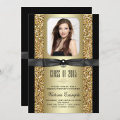 ブラックおよび金ゴールドグリッターの卒業発表 招待状 (正面/裏面)
