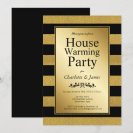 ブラックおよび金ゴールドグリッターストライプの引っ越し祝いパーティーパーティー 招待状