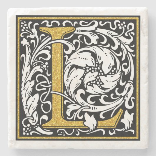 ブラックおよび金ゴールドグリッターモノグラムLフローラアクセント ストーンコースター (正面)