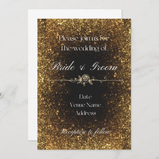 ブラックおよび金ゴールドグリッター結婚式招待状 招待状 (正面/裏面)