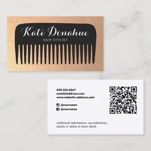 ブラックおよび金ゴールドグリッター美容師コーム 名刺 (正面/裏面)