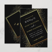ブラックおよび金ゴールドグリッター額縁結婚式招待状 (正面/裏面)