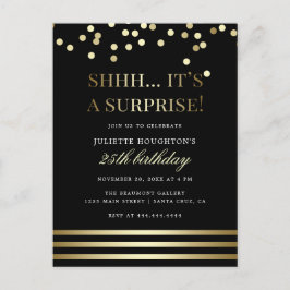 ブラックおよび金ゴールドトレンディー紙吹雪サプライズパーティー インビテーションポストカード