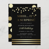 ブラックおよび金ゴールドトレンディー紙吹雪サプライズパーティー インビテーションポストカード (正面/裏面)
