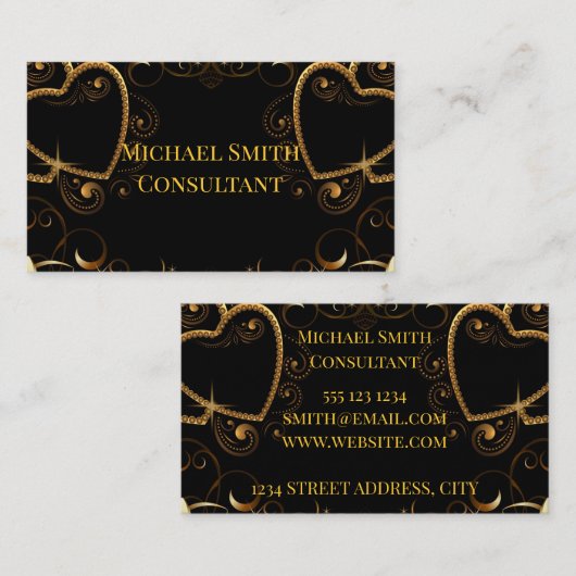 ブラックおよび金ゴールドハートの名刺 名刺 (正面/裏面)