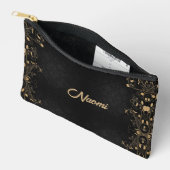 ブラックおよび金ゴールドフローラダマスク アクセサリーポーチ (見開き)