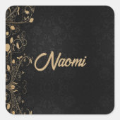 ブラックおよび金ゴールドフローラダマスク スクエアシール (正面)