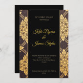 ブラックおよび金ゴールドフローラデザイン結婚式招待状 招待状 (正面/裏面)
