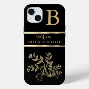 ブラックおよび金ゴールドフローラパーソナライズされた- iPhone 15 MINIケース