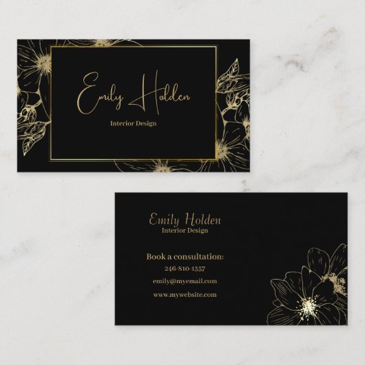 ブラックおよび金ゴールドフローラ名刺 名刺 (正面/裏面)