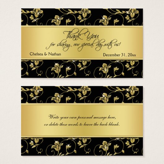 ブラックおよび金ゴールドフローラ結婚式の引き出物ラベル (正面&裏面)
