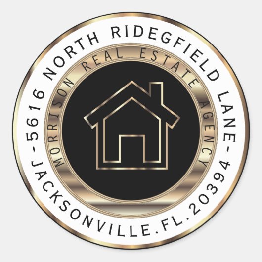 ブラックおよび金ゴールドメタル不動産仲介業者住所 シール (正面)