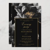 ブラックおよび金ゴールドモダンフローラ夕べパーティー結婚 招待状 (正面/裏面)