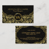 ブラックおよび金ゴールドヴィンテージフローラダマスク 名刺 (正面/裏面)