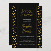ブラックおよび金ゴールド水玉模様ブライダルシャワー 招待状 (正面/裏面)