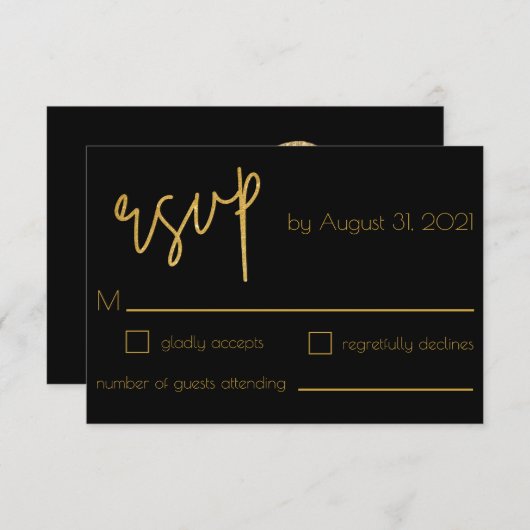 ブラックおよび金ゴールド結婚グリッターのアールデコ 出欠カード (正面/裏面)