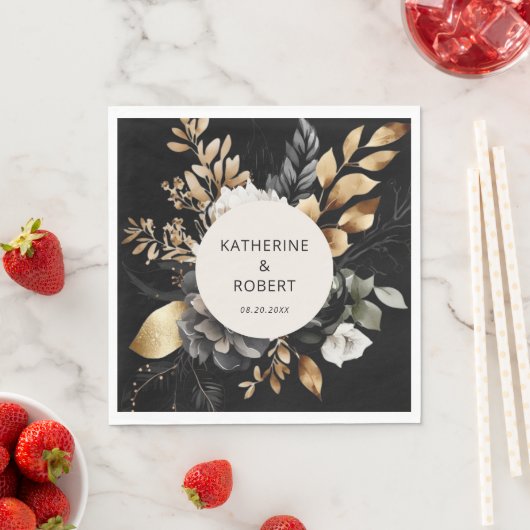 ブラックおよび金ゴールド結婚フローラの紙 スタンダードランチョンナプキン (インサイチュ)