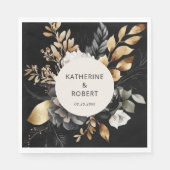 ブラックおよび金ゴールド結婚フローラの紙 スタンダードランチョンナプキン (正面)