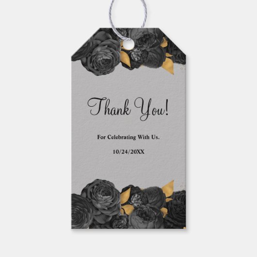ブラックおよび金ゴールド結婚フローラの贈り物ラベル ギフトタグ (正面)