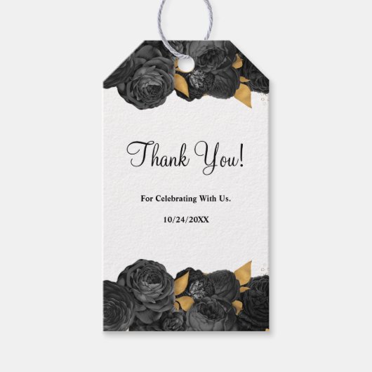 ブラックおよび金ゴールド結婚フローラの贈り物ラベル ギフトタグ (正面)